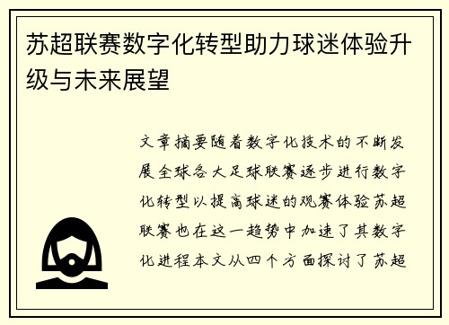 苏超联赛数字化转型助力球迷体验升级与未来展望 苏超联赛数字化转型助力球迷体验升级与未来展望